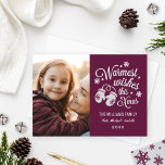 Warmest Wishes Vintage Burgundy Christmas Photo Holiday Card<br><div class="desc">Vintage style Christmas photo card greeting features a "Warmest wishes this Xmas" white script text design with a pair of cozy winter mittens and winter pattern of stars and snowflakes.  Personalize with your photo and custom text.  Burgundy red,  white,  and light grey colour scheme.</div>
