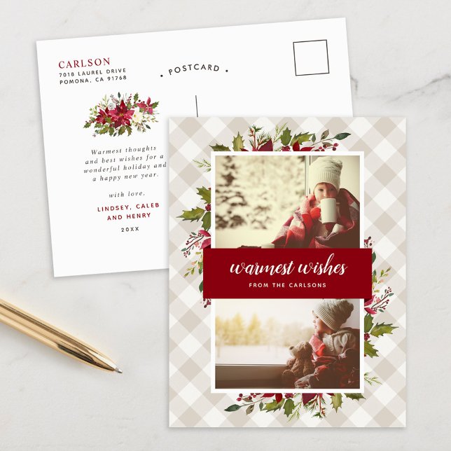 Warmest Wishes Winter Greenery 2 Photo Holiday Postcard (Creator Uploaded)