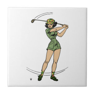 Warming Up for Golf Lady Golfer   Tile