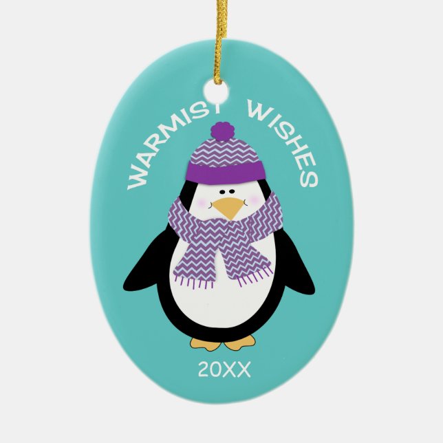 Warmist Wishes Christmas Penguin in Blue Ceramic Ornament (Front)