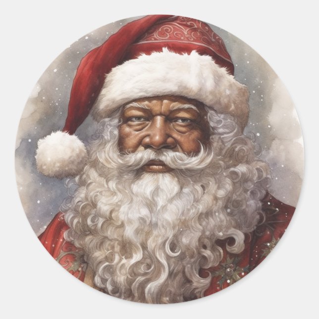 Warmth and Cheer: Black Santa Christmas Joy Classic Round Sticker (Front)