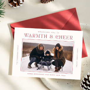 Warmth & Cheer   Red Modern Christmas Four Photo Holiday Card