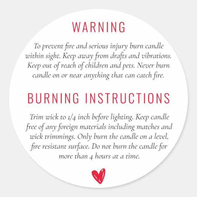 Warning Burning Instructions Candle Product Label (Front)