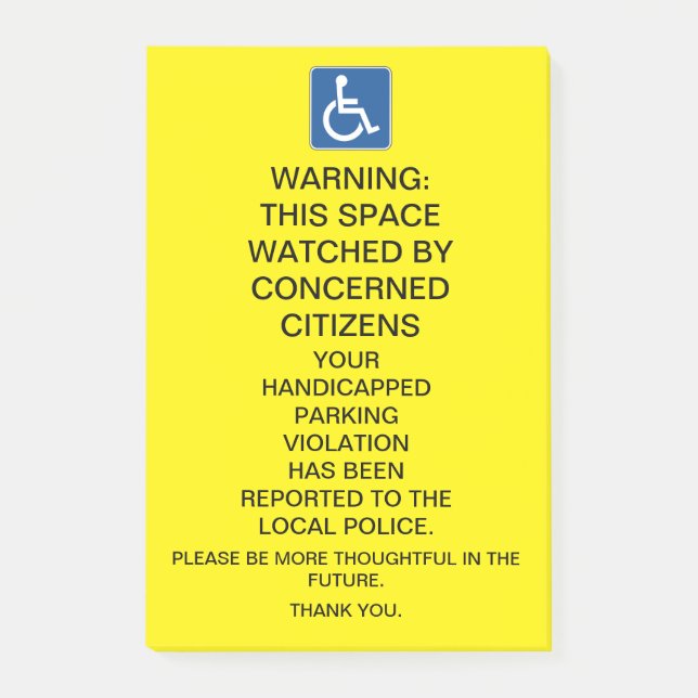 WARNING HANDICAPPED PARKING VIOLATION SIGN POST-IT NOTES (Front)