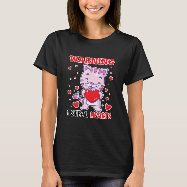Warning I Steal Hearts Cat Funny T-Shirt (Front)
