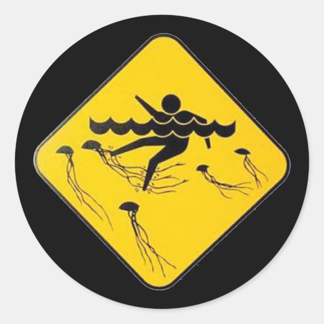 Warning Jellyfish in Water-Street sign Classic Round Sticker (Front)