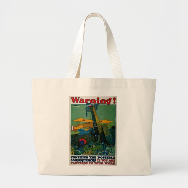 Warning! Large Tote Bag (Front)