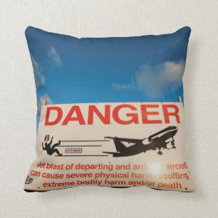Warning sign near St. Maarten Airport, Throw Pillow