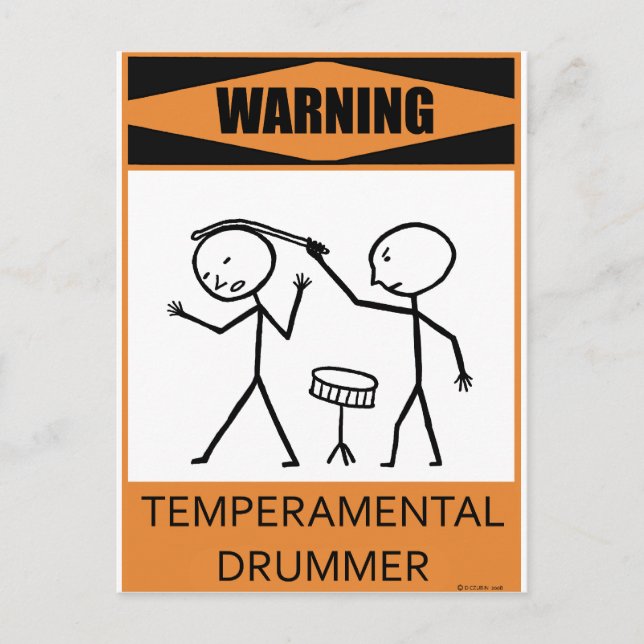 Warning Temperamental Drummer Postcard (Front)