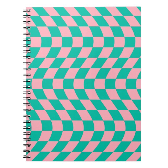 Warped Check Retro Chequerboard Pink Green Pattern Notebook (Front)