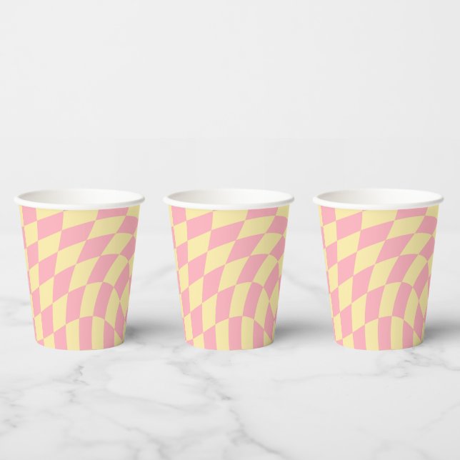 Warped Check Retro Chequered Pink Peach Dorm   Paper Cups (Multi)