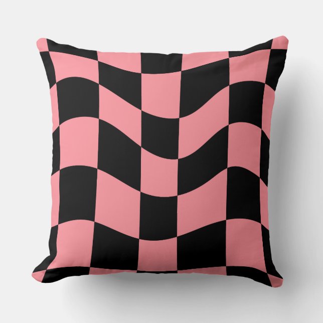 Warped Checkerboard Throw Pillow-Trippy Pink Retro Pillow (Front)