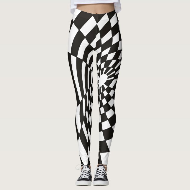 Warped Chequerboard in Black and White Leggings (Front)