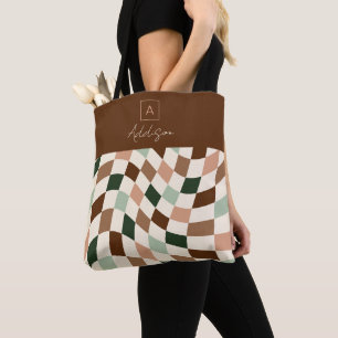 Warped Chequerboard Neutral Personalized Monogram Tote Bag