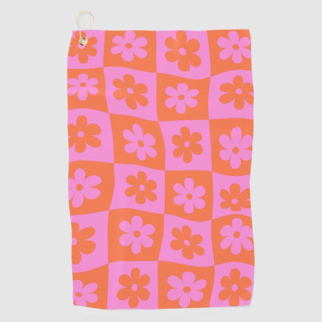 Warped Chequered Retro Flowers Pink Orange  Golf Towel (Front)