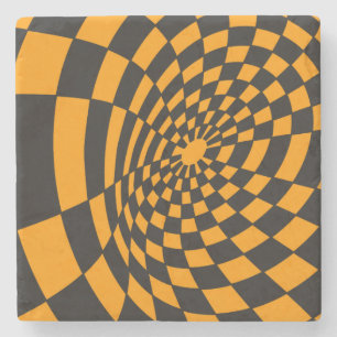 Warped Yellow and Black Checkerboard Stone Coaster