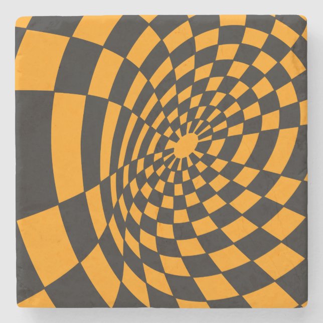 Warped Yellow and Black Checkerboard Stone Coaster (Front)