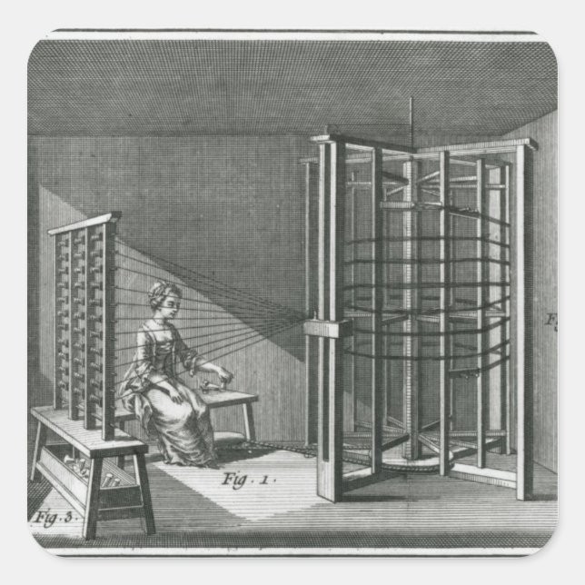Warping silk threads, illustration Encylopedia Square Sticker (Front)