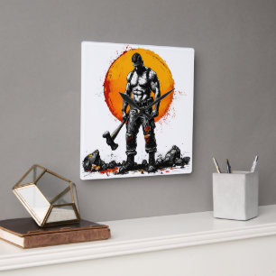 warrior barbarian medieval fantasy hummer strength square wall clock