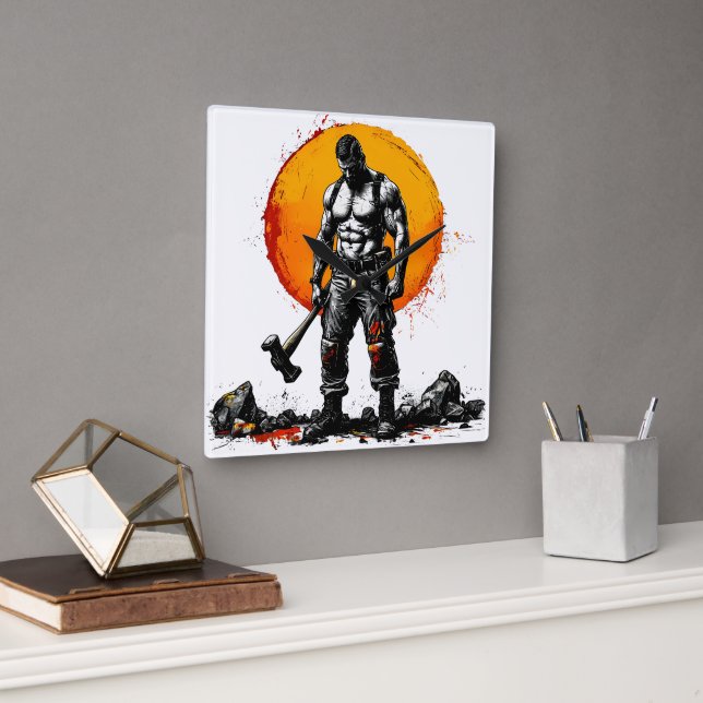 warrior barbarian medieval fantasy hummer strength square wall clock (Office)