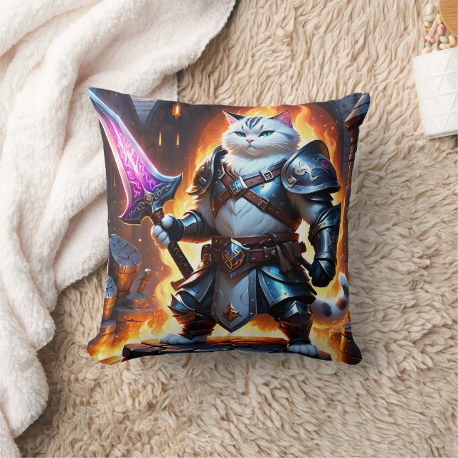Warrior Cat in Armour With Glowing Sword Throw Pillow (Blanket)