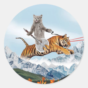 Warrior cat Riding A Tiger Classic Round Sticker