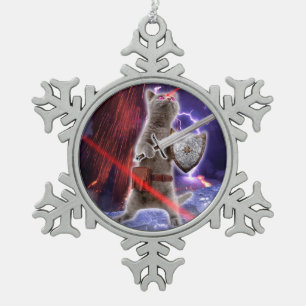 Warrior cat with lasers from eye snowflake pewter christmas ornament