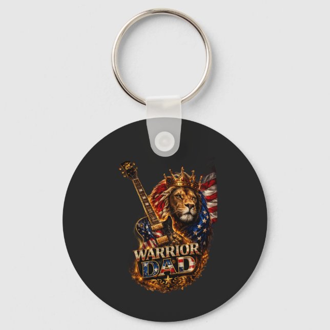 Warrior Dad Lion American Flag Guitar  Keychain (Front)