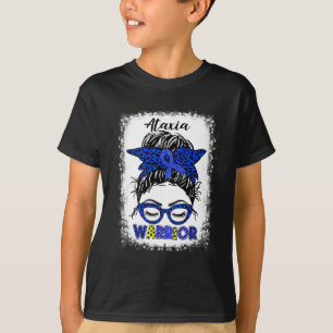 Warrior Messy Bun Blue Ribbon Women Ataxia Awarene T-Shirt