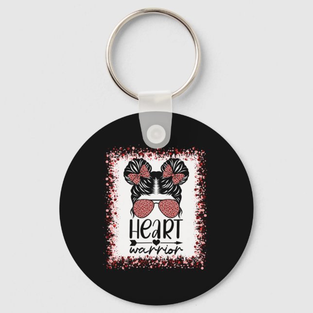 Warrior Messy Bun Leopard Heart Disease Awareness  Keychain (Front)