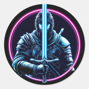 warrior neon sword fighter vin classic round sticker