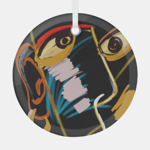 Warrior Portrait: Primitive Oil Abstraction Glass Ornament