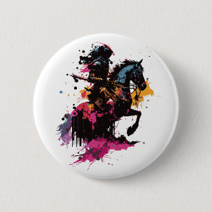 Warrior riding horse in watercolor 2 inch round button