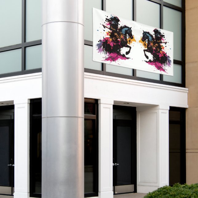 Warrior riding horse in watercolor          banner (Outside Building)