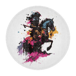 Warrior riding horse in watercolor     cutting board
