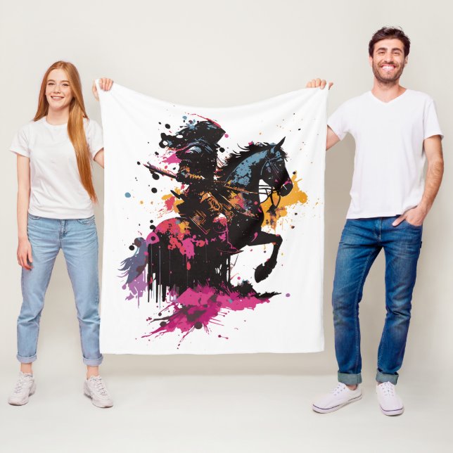 Warrior riding horse in watercolor      fleece blanket (In Situ)