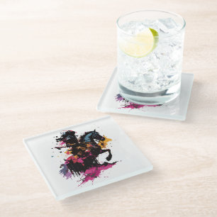 Warrior riding horse in watercolor    glass coaster
