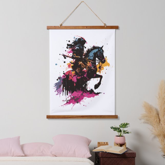 Warrior riding horse in watercolor      hanging tapestry (Bedroom)