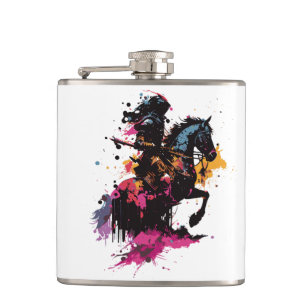 Warrior riding horse in watercolor    hip flask