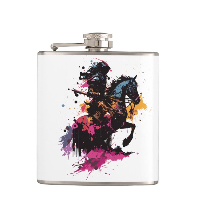 Warrior riding horse in watercolor    hip flask (Front)