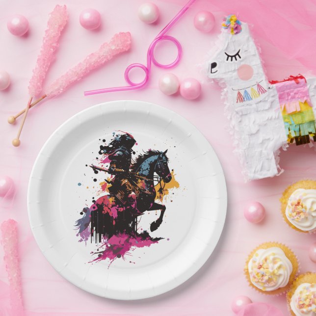 Warrior riding horse in watercolor      paper plate (Party)