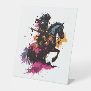 Warrior riding horse in watercolor pedestal sign