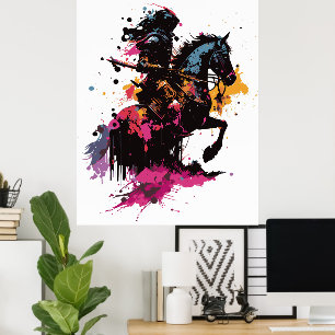 Warrior riding horse in watercolor     poster