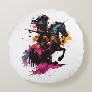 Warrior riding horse in watercolor          round  pillow