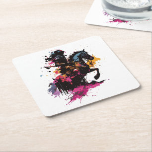 Warrior riding horse in watercolor     square paper coaster