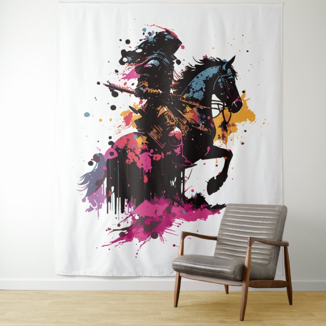 Warrior riding horse in watercolor      tapestry (In Situ)