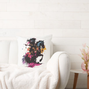 Warrior riding horse in watercolor throw pillow