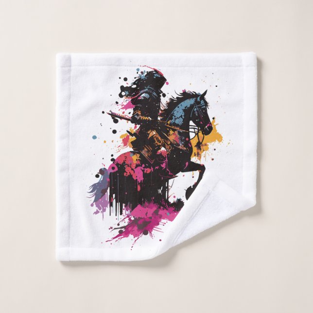 Warrior riding horse in watercolor      wash cloth (Wash Cloth)