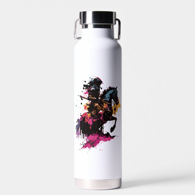 Warrior riding horse in watercolor     water bottle (Front)