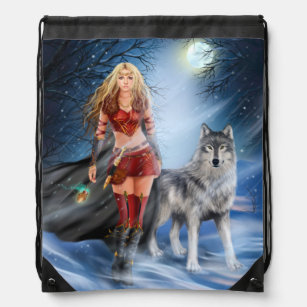 Warrior Woman and Wolf Drawstring Backpack